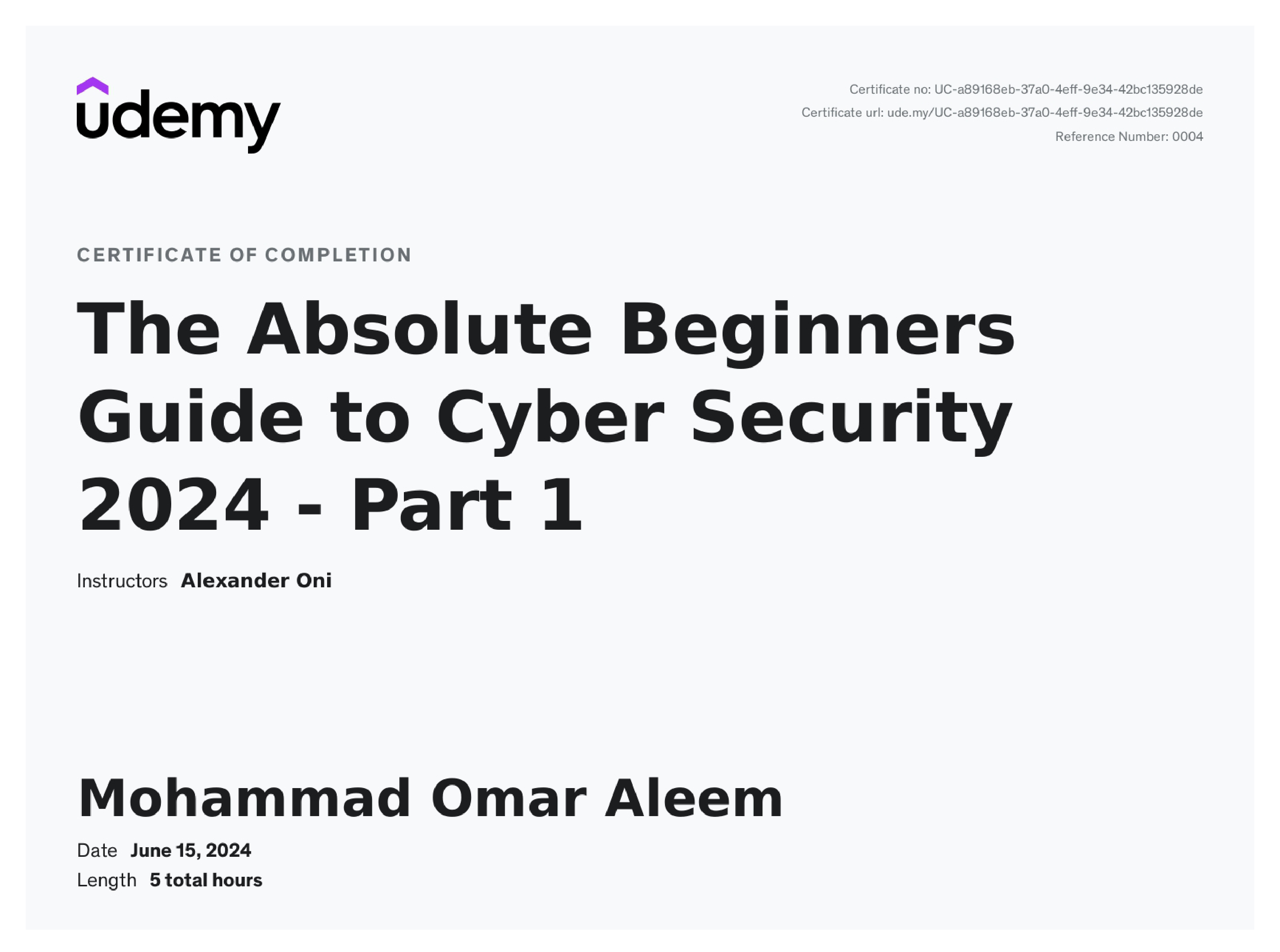 Cyber Security certificate preview