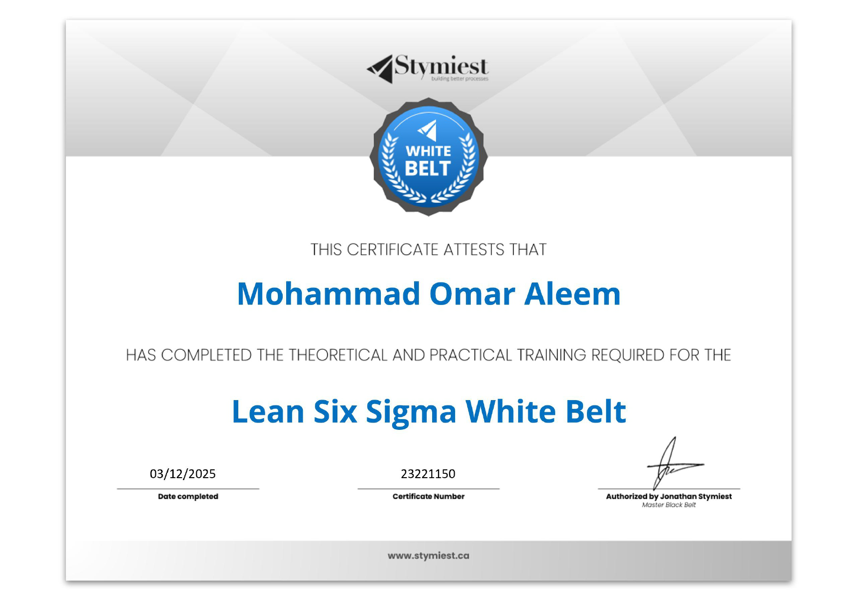 Six Sigma White Belt certificate preview